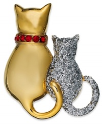 A pair of feline pals add a darling finish. This Charter Club pin adds sass with silvery glitter and red accents. Crafted in gold tone mixed metal. Approximate length: 1-1/2 inches.