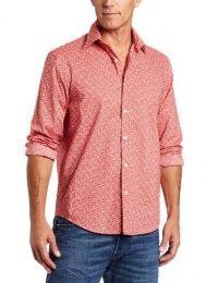 Perry Ellis Men's Long Sleeve Woven Printed Shirt, Raspberry, Large Small Petite