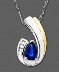 A riveting statement piece of vibrant color. This 14k gold and sterling silver pendant gently curls around a gleaming pear-cut sapphire (1/2 ct. t.w.) highlighted with diamond accents. Approximate length: 18 inches. Approximate drop: 1/2 inch.