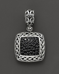 From John Hardy's Batu Collection, a square pendant with clusters of sapphire. Hangs on woven link chain.