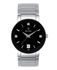 Clean lines, striking style, for the man in charge of his look. With a stainless steel bracelet and case, black enamel bezel, and black dial with diamond accent markers. 3-hand movement, date display. Water resistant to 30 meters.