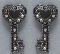 Small Hematite Plated Sparkling Black Crystal Open Heart Shaped 1/2 Key Stud Earrings