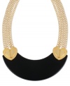 Bold and beautiful, this multi-chain bib necklace from Betsey Johnson is crafted from gold-tone mixed metal, with a black bib and gold-tone heart details. Approximate length: 21 inches + 3-inch extender. Approximate drop: 1-9/10 inches.