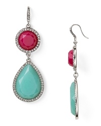 Capture color trend with double drop danglers from Aqua. Crystal pave trim ups the elegance factor.