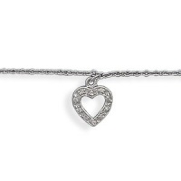 Sterling Silver 9 Inch Rhodium Plated Anklet with CZ Heart