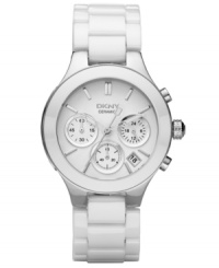 A simply luminous watch by DKNY. White ceramic bracelet and round stainless steel case. White dial with silvertone stick indices, logo, date window and three subdials. Quartz movement. Water resistant to 50 meters. Two-year limited warranty.