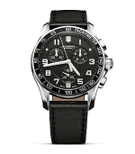 Check the time in military-inspired fashion. With a black leather strap and sporty dial, Victorinox's army-inspired watch is a commanding accent for citified looks.