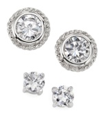 The perfect addition to your accessory collection - snap up sparkly studs to complement any ensemble! Earring set by City by City includes one pair of round-cut cubic zirconias in a prong setting, and one pair of round-cut, bezel-set cubic zirconias (11-1/2 ct. t.w.) with a rope edging. Crafted in silver tone mixed metal.