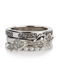 GUESS Bow Pearl Three Ring Set - Size 7, SILVER (7)