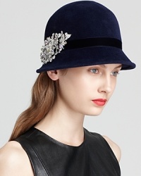 Done up in soft velour, this '20s-inspired cloche from Kathy Jeanne makes a sparkly statement with its removable crystal pin.