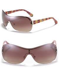 Classic shield sunglasses get a playful update with colorfully striped arms from MARC BY MARC JACOBS.