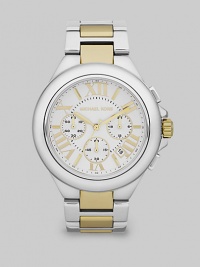 Understated chic joins high performance in this timepice with simple lines in goldtone and silvertone, smartly contrasted.Quartz movementWater resistant to 10 ATMSilvertone stainless steel round case, 43mm diameter (1.7)Polished bezelWhite dialOversized goldtone Roman numeralsSecond handThree chronograph sub dialsDate window between 4:00 and 5:00Two-tone link braceletImported