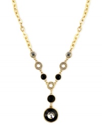 Add a sleek y-design to your neckline. Jones New York's elegant necklace combines clear and black plastic and glass beads on a gold tone mixed metal chain. Approximate length: 16 inches + 3-inch extender. Approximate drop: 2-1/2 inches.