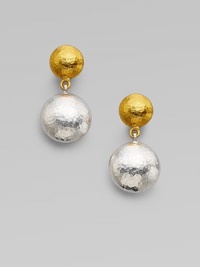 From the Lentil Collection. A pair of hammered spheres - yellow gold and white sterling silver - create an effortlessly elegant drop design.24k yellow gold Sterling silver Length, about 1 Post Back Imported