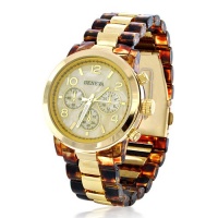 Bling Jewelry Chronograph Womens Tortoise Shell Look Gold Plated Tone Link Watch