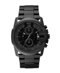 Diesel takes this classic chronograph watch into the black. Black ion-plated stainless steel bracelet and round case, 49x45mm. Bezel engraved with logo at three o'clock. Black sunray chronograph dial features applied and printed stick indices, numeral at twelve o'clock, date window at three o'clock, three subdials and luminous hands. Quartz movement. Water resistant to 100 meters. Two-year limited warranty.