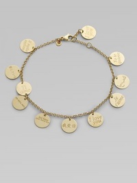 From the Love Plus Collection. A shaky design of feminine discs with I love you in ten different languages spreads love from around the world. 18k yellow gold Length, about 7½ Lobster clasp Made in Italy 