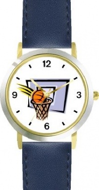 Basketball, Hoop, Backboard, Swish Basketball Theme - WATCHBUDDY® DELUXE TWO-TONE THEME WATCH - Arabic Numbers - Blue Leather Strap-Women's Size-Small