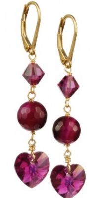 Faceted Fuchsia Agate Bead and Swarovski Elements Bicone and Crystal AB Heart Drop Earrings