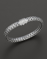 Medium signature sterling woven chain bracelet with carved chain diamond pavé clasp, designed by John Hardy.