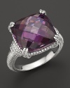 A gleaming purple crystal is framed in sterling silver on this timeless cushion ring from Judith Ripka.