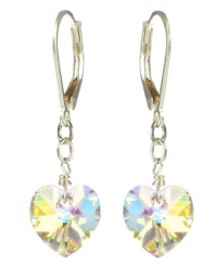 Sterling Silver Swarovski Elements Crystal Aurora Borealis Heart Shape Drop Earrings