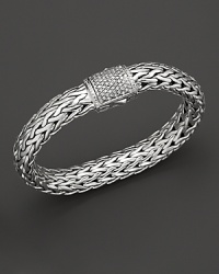 Large signature woven chain bracelet with diamond pavé clasp, designed by John Hardy.