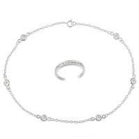 Sterling Silver Cubic Zirconia Toe Ring and Chain Anklet with Cubic Zirconia Stations, 10