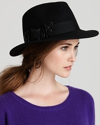 Add fedora flair to your fall or winter look with this fabulous hat from Aqua, featuring a jazzy rhinestone bow and black ribbon trim.