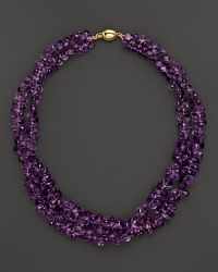 A double strand of delicate amethyst briolettes meets at a gleaming 14K yellow gold clasp.