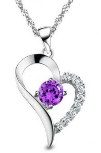 Rhodium Plated 925 Sterling Silver Amethyst Diamond Accent Heart Pendant Necklace 18-SN3254