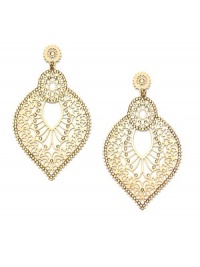 THE LOOKInverted teardrop silhouetteWhite crystal stone accentsFiligree designGoldplated brass settingPost backTHE MEASUREMENTWidth, about 2Length, about 3ORIGINImported