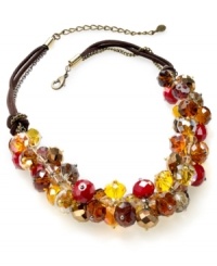 Fall fashion-forward with this cluster necklace from c.A.K.e. by Ali Khan. Crafted from gold-tone mixed metal and suede, the necklace captures the spirit of its seasonal namesake with multicolor glass beads. Approximate length: 18 inches + 3-inch extender.