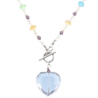 Sterling Silver Freshwater Cultured Pearl and Multiple-Colored Crystal Necklace with Crystal Heart, 18