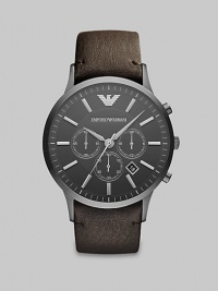 A smooth, matte dial with chronograph functionality is completed with a slightly textured leather strap bracelet.Chronograph dialRound bezelWater resistant to 5ATMDate display at 5 o'clockSecond handStainless steel case: 46mm(1.81)Leather strap braceletImported