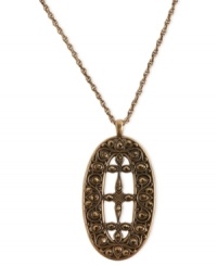 Openwork works in this pendant necklace from Lucky Brand. Crafted from gold-tone mixed metal with semi-precious onyx accents, the necklace also has a fashion-forward openwork pattern. Approximate length: 30 inches + 2-inch extender. Approximate drop: 3-3/8 inches.