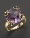 A horsebit-detailed prong secures a faceted amethyst stone on this 18K gold Gucci cocktail ring.