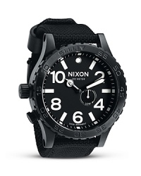 Solid and hard-wearing, this brushed stainless steel watch from Nixon perfectly fuses performance and style. Designed for an athletic lifestyle, it flaunts a flexible nylon band, rotating bezel, and extreme water resistance.