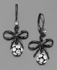 Take a little cuteness, add a little disco, come out with fabulous style. Enjoy these bow earrings by Betsey Johnson featuring rhinestones and black epoxy bows. Approximate drop: 1-1/4 inches.