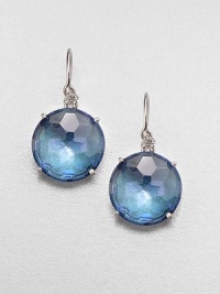 A classic 14k white gold design with faceted English blue topaz stones accented with dazzling white sapphires. English blue topazWhite sapphires14k white goldDrop, about .5 Hook backMade in USA