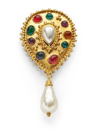 THE LOOKByzantine collectionTeardrop-shaped designDrop faux pearl detailColored glass stone and faux pearl accents24k electroplated gold settingLatch closureTHE MEASUREMENTWidth, about 3Length, about 6ORIGINMade in USA