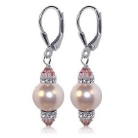 SCER154 Sterling Silver Leverback 1.5 Long Drop Earrings Made with Swarovski Elements 10mm Pink Faux Pearl and Crystal