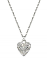 Love that glitters. Juicy Couture's pendant necklace features a darling heart charm embellished with pave crystals. Finished with a logo banner. Crafted in silver tone mixed metal. Approximate length: 30 inches + 3-inch extender. Approximate drop: 1 inch.