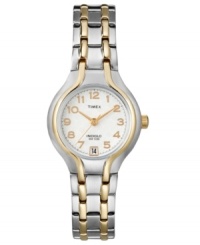 A beautiful Timex watch with shining, classic design. Goldtone and silvertone stainless steel expansion bracelet and round mixed metal case. White dial with goldtone numerals, logo and date window. Analog movement. Water resistant to 30 meters. One-year limited warranty.