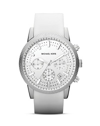 A crisp, clean look defines this Michael Kors timepiece, which features a silver chronograph dial set against a complementary silicone strap.