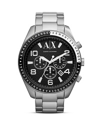 Whether styled sporty or sophisticated, this solid Armani Exchange stainless steel watch can keep up, topped by a handsome chronograph dial and logo-embellished bezel.