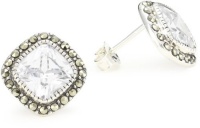 Judith Jack Classics Sterling Silver Marcasite Pave Square Cubic Zirconia Button Earrings