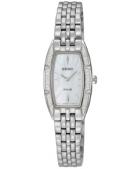 A sophisticated link bracelet complements glistening diamond accents on this solar-powered watch by Seiko.