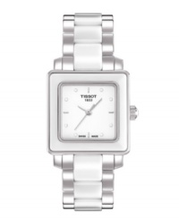 Glamorous and unique, this fine watch from Tissot blends artistry with geometry. Cera collection watch crafted of stainless steel and white ceramic bracelet and square case. White dial features silver tone applied stick indices, three hands and logo. Swiss quartz movement. Water resistant to 30 meters. Two-year limited warranty.