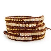 Chan Luu Natural Mother of Pearl Mix Wrap Bracelet on Natural Brown Leather